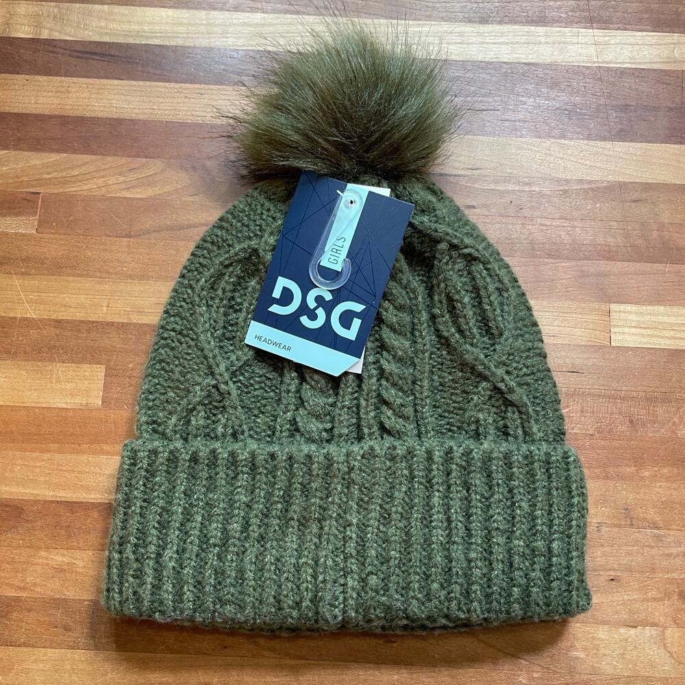 DSG Girls Cable knit Pom Beanie Hat olive green O/S